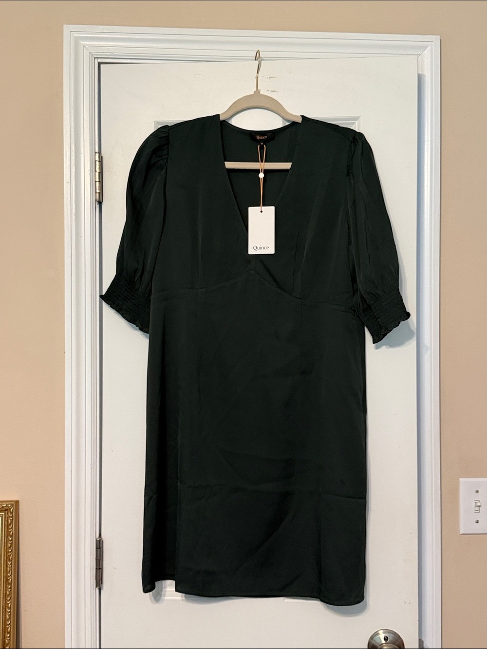 Quince Dark Green V-Neck Mini Dress with Puff Sleeves